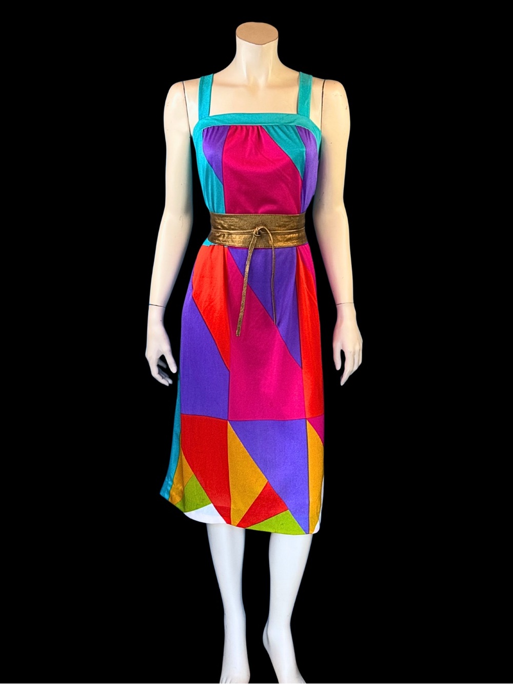 80s Colorblock Abstract Geometric Sleeveless Smock Sundress | L